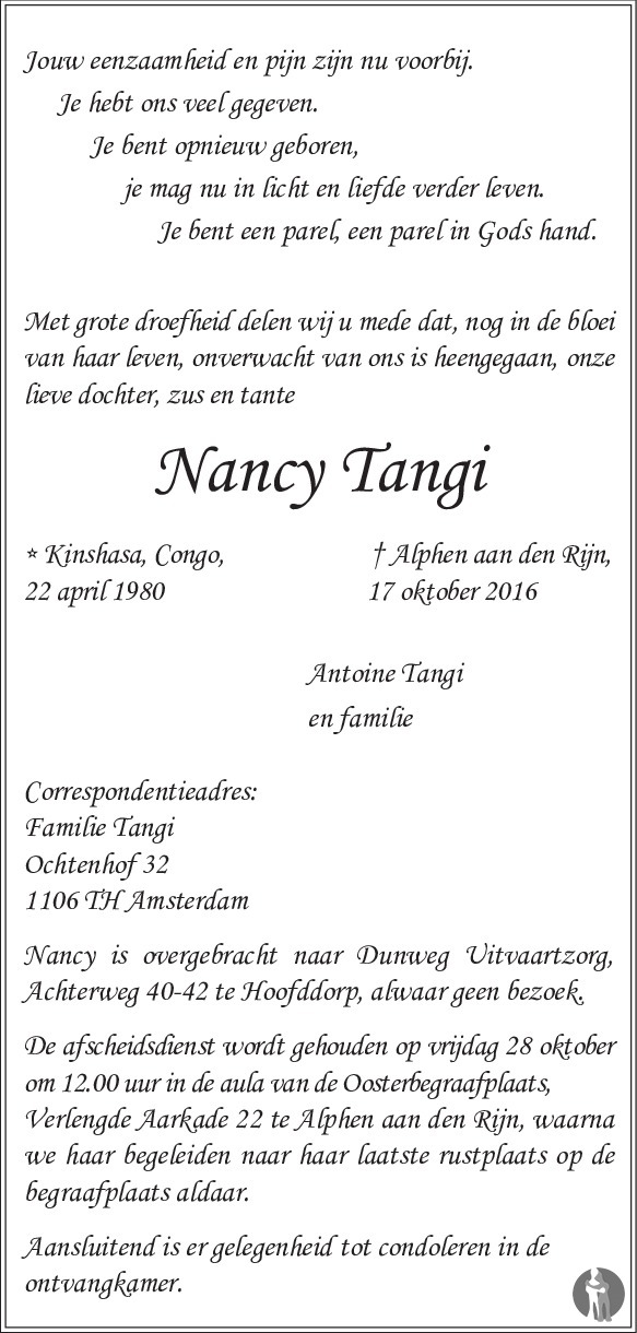 Nancy Tangi 17 10 2016 Overlijdensbericht En Condoleances