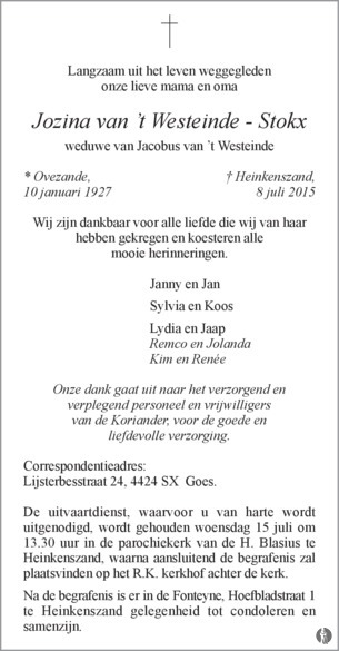 advertentie van Jozina van 't Westeinde - Stokx