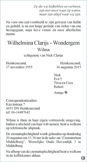advertentie van Wilhelmina (Wilma) Clarijs - Wondergem