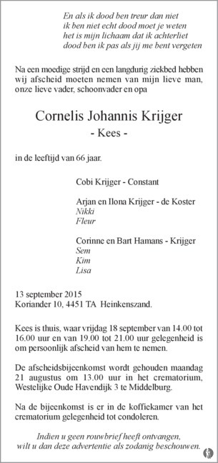 advertentie van Cornelis Johannis (Kees) Krijger